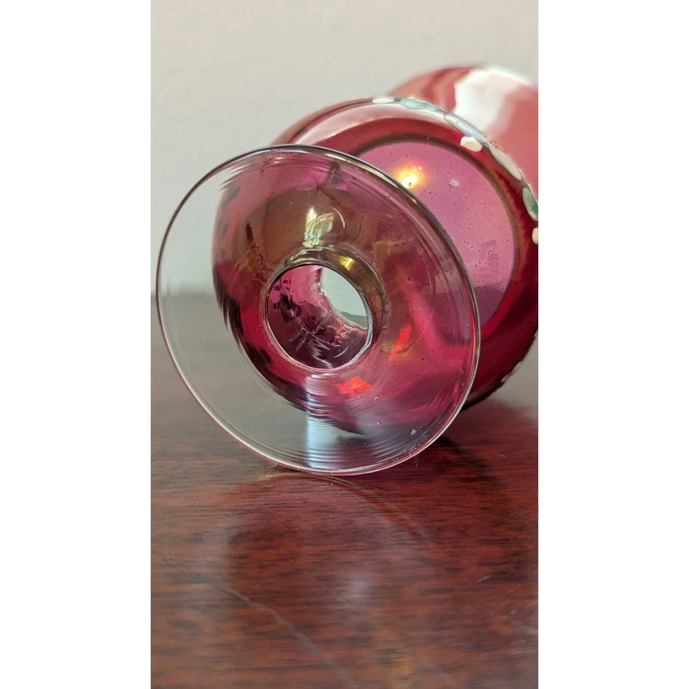 Vintage Ruby Red Glass Hand Painted Floral Vase Goblet Enamel Daisy 5in Small